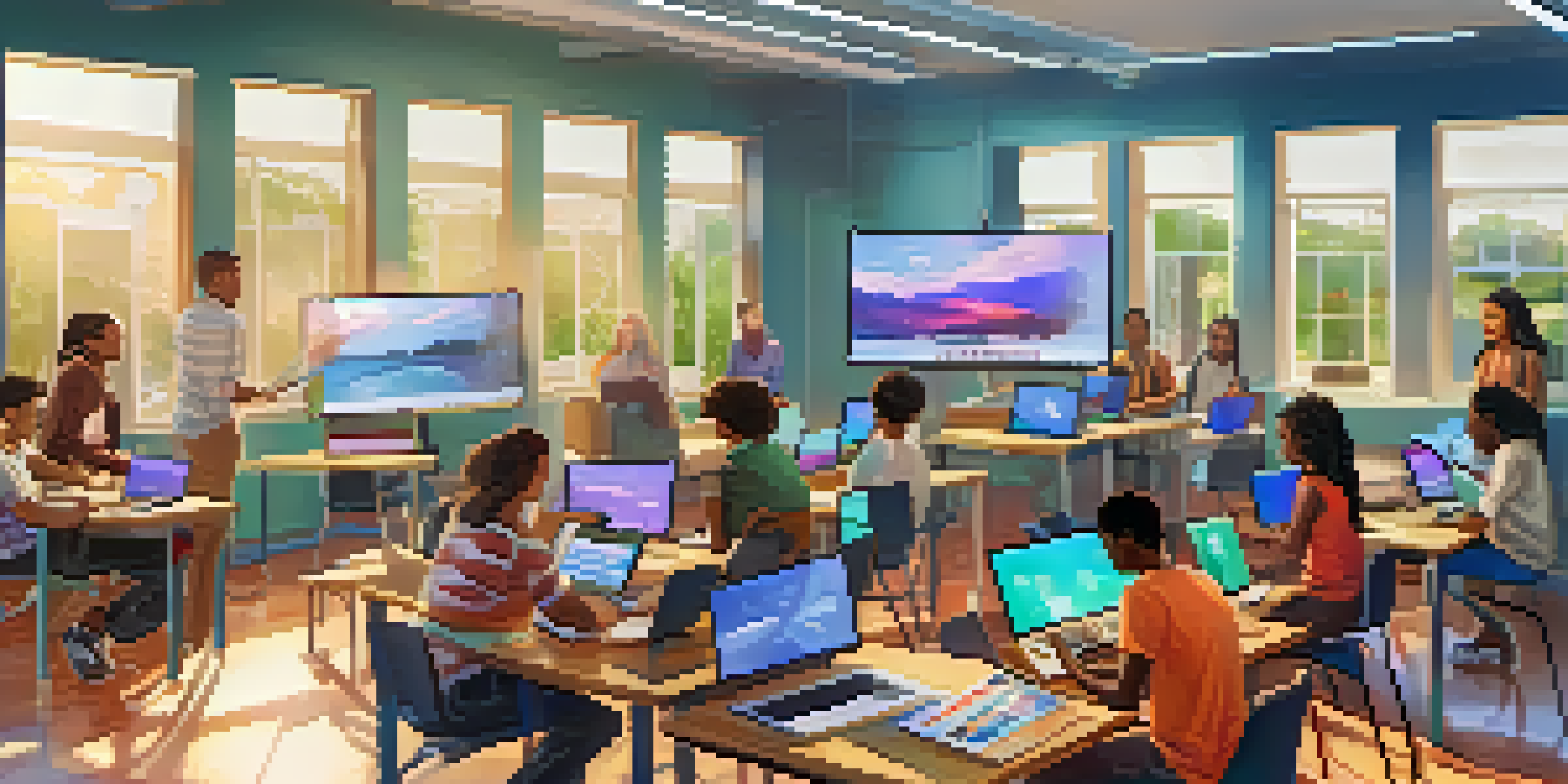 A lively online classroom with students of different ethnicities working together on a project, surrounded by technology and bright natural light.