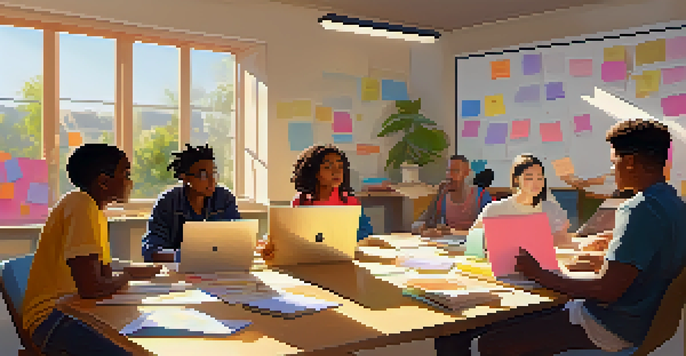 A group of diverse students collaborating around a laptop, with sunlight streaming in and colorful notes around.