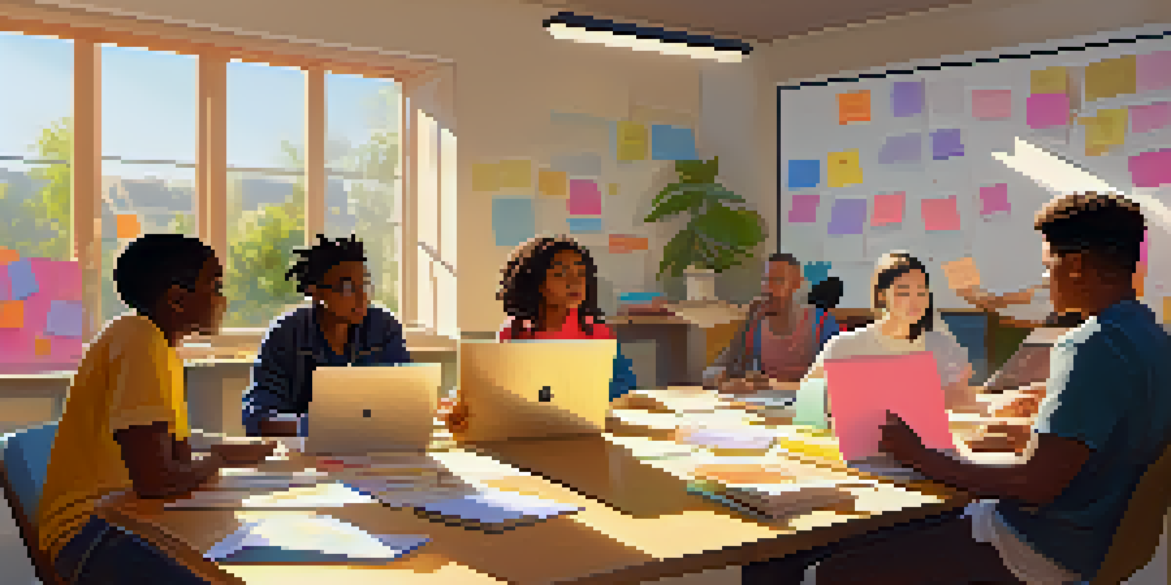 A group of diverse students collaborating around a laptop, with sunlight streaming in and colorful notes around.