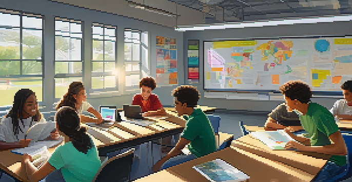 A diverse group of students in a bright classroom, collaborating on a project with laptops and digital devices, surrounded by educational posters.