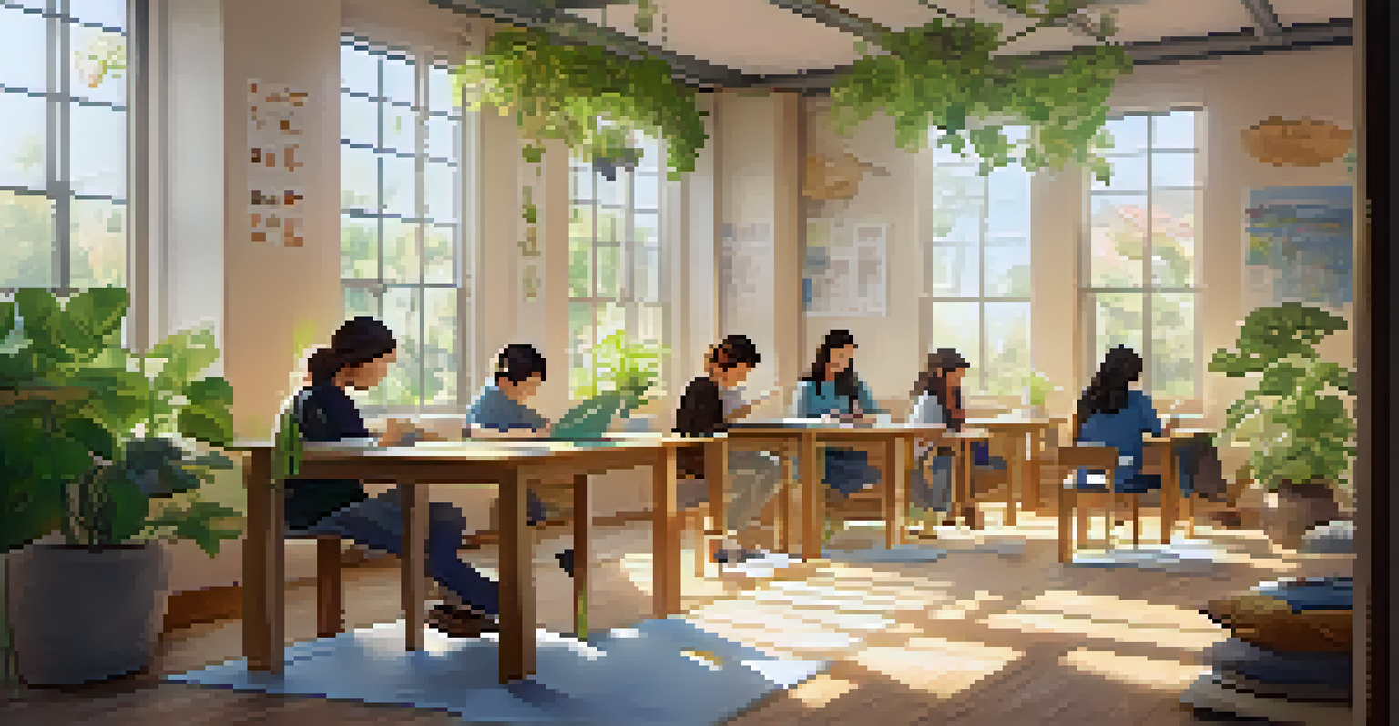 Students practicing mindfulness in a peaceful classroom setting, with some meditating and others journaling, surrounded by plants and natural light.