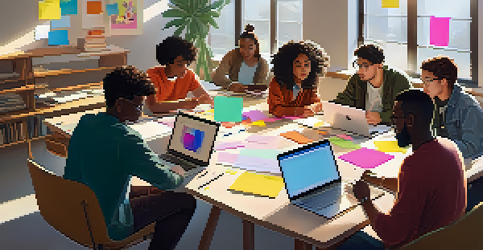 A diverse group of students collaborating on a project at a bright workspace, with laptops and notebooks spread across a table.