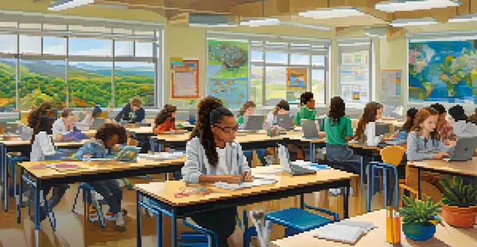 A diverse group of students working together in a colorful classroom on an interdisciplinary STEM project, with laptops and scientific materials.