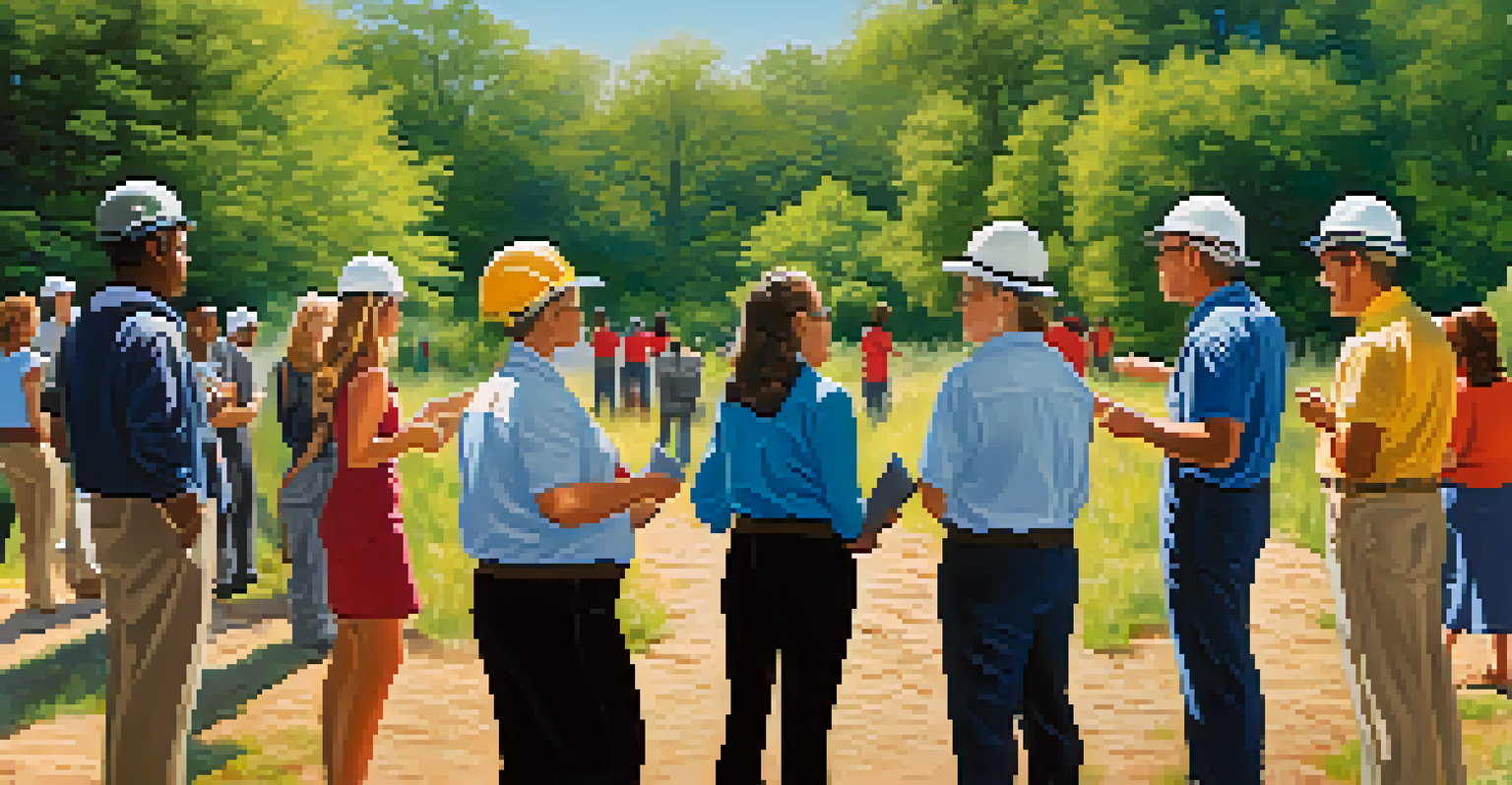 A diverse group of professionals engaged in a team-building workshop outdoors, surrounded by nature under a clear blue sky.