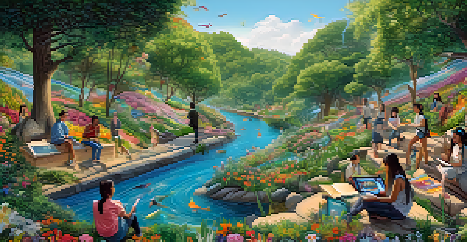 A visual metaphor of transmedia storytelling with a river flowing through various media icons, surrounded by students exploring the different pathways.