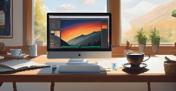 A modern workspace featuring a desk with a laptop, notepad, and a cup of coffee, illuminated by natural light.