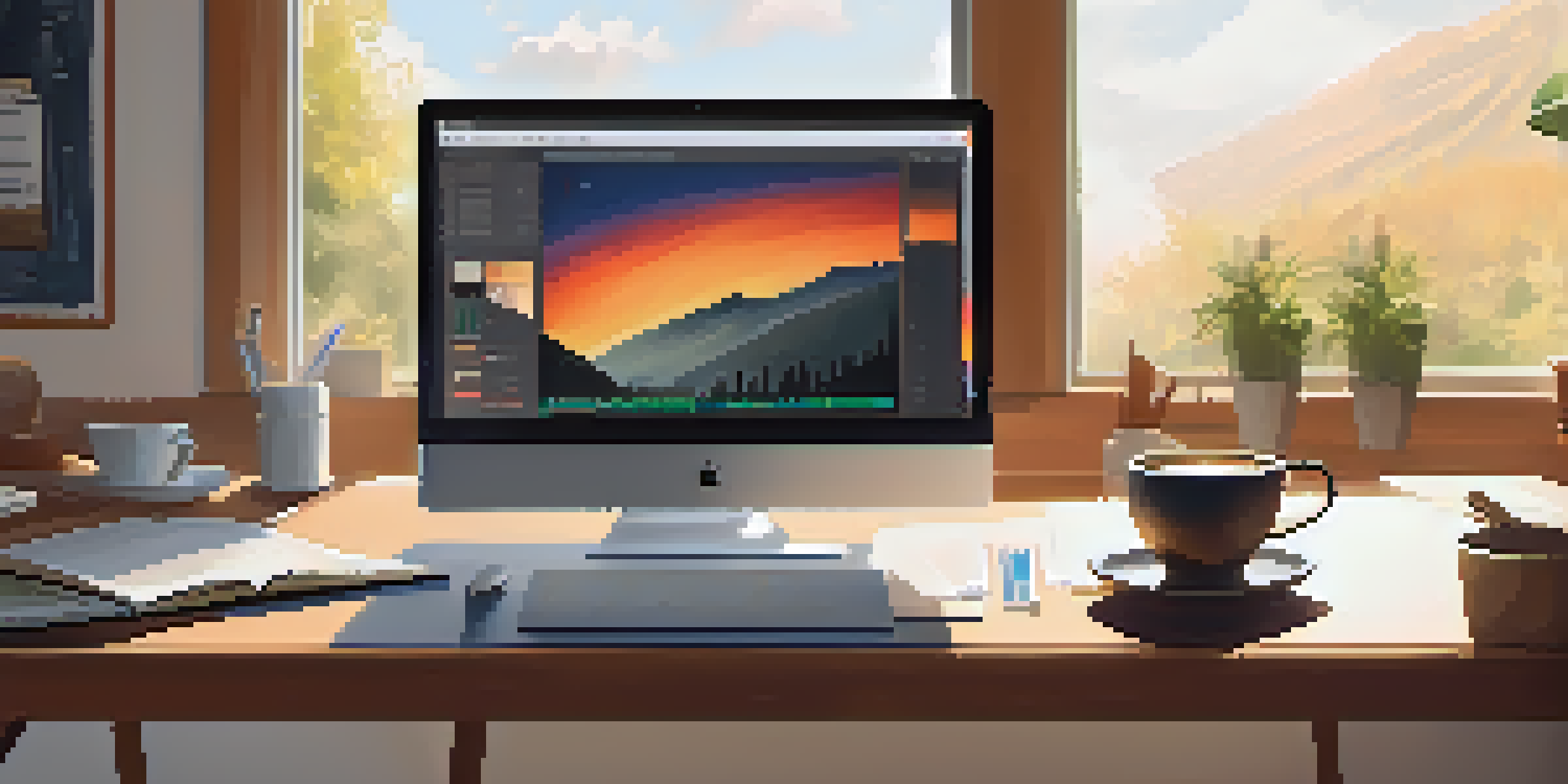 A modern workspace featuring a desk with a laptop, notepad, and a cup of coffee, illuminated by natural light.