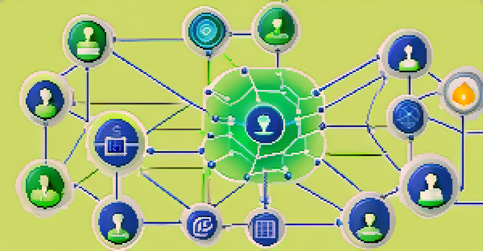 A visual representation of networking in an online learning community, with interconnected nodes and icons symbolizing knowledge sharing.