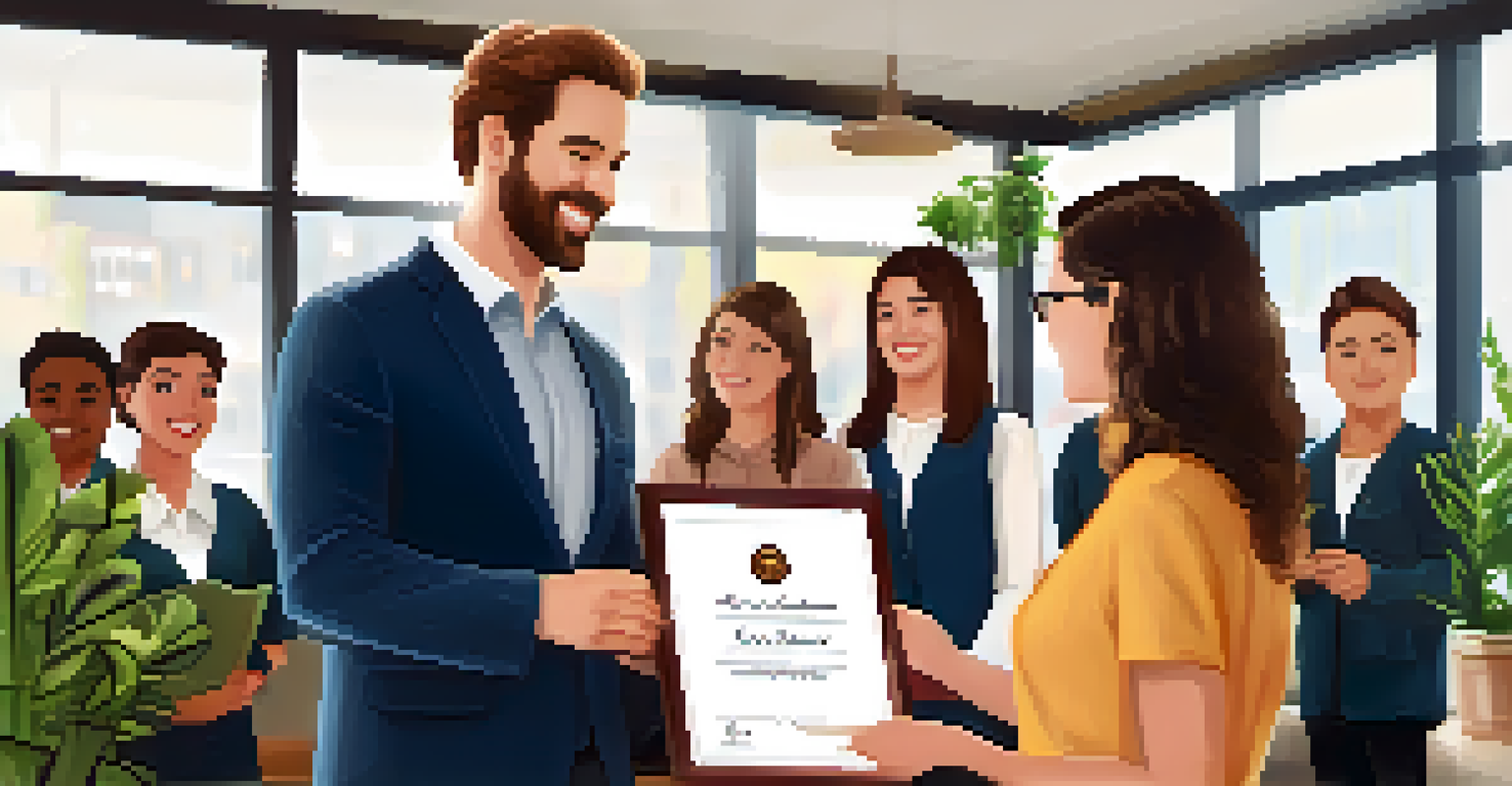 An employee receiving a certificate of achievement from a manager in a warm office setting, while colleagues applaud.