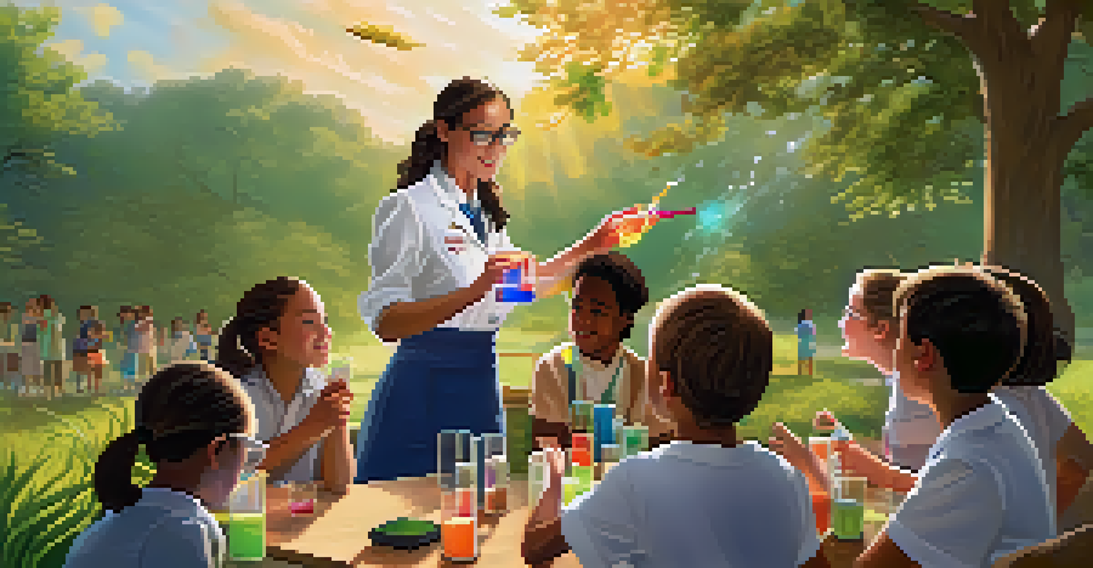 A teacher guiding students in a hands-on science experiment outdoors with colorful liquids in beakers.