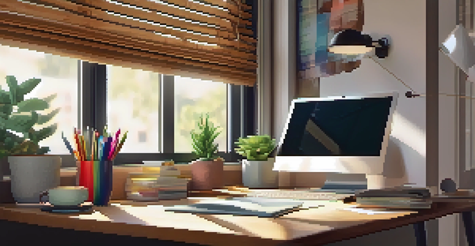 A modern workspace with a laptop on a wooden desk, stationery, a potted plant, and a cup of coffee, illuminated by natural sunlight.