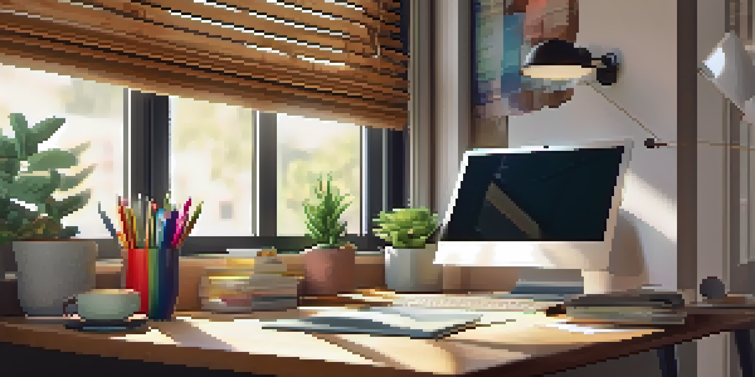 A modern workspace with a laptop on a wooden desk, stationery, a potted plant, and a cup of coffee, illuminated by natural sunlight.