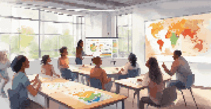 A diverse group of students in a bright classroom, collaborating around an interactive whiteboard with colorful charts.