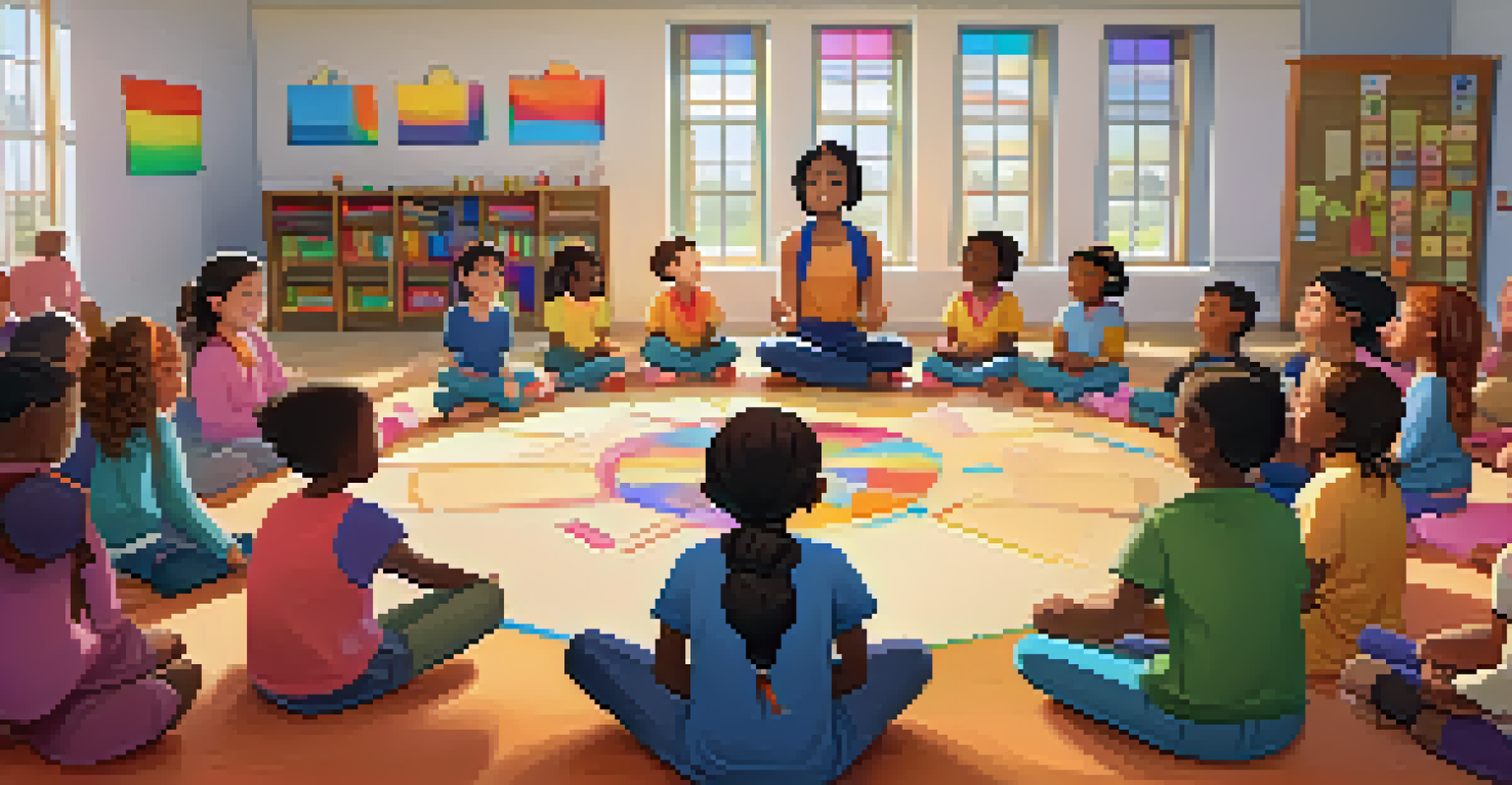 A diverse group of children sitting in a circle, practicing mindfulness with their eyes closed, led by an attentive educator in a colorful classroom.