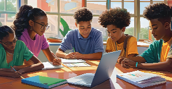 A diverse group of students working together on a laptop in a colorful classroom, promoting collaboration and teamwork.