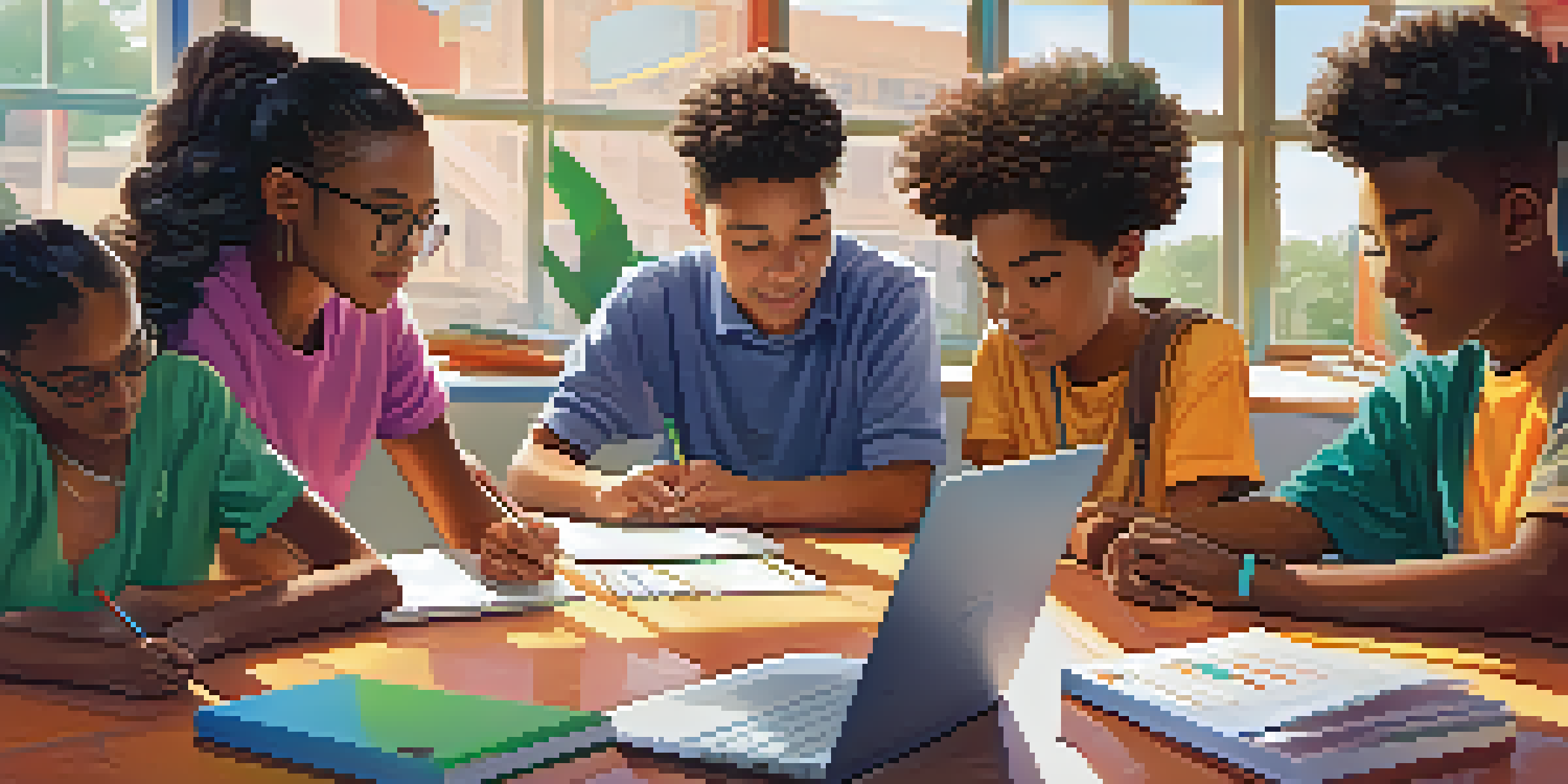 A diverse group of students working together on a laptop in a colorful classroom, promoting collaboration and teamwork.