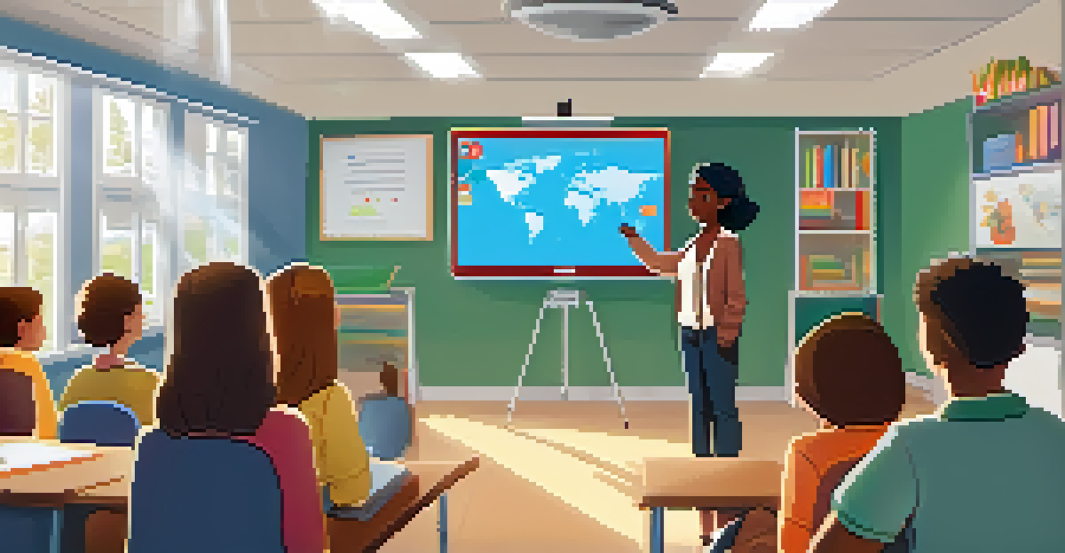 An educator in a well-organized classroom, explaining a lesson with digital resources on a projector while students listen attentively.