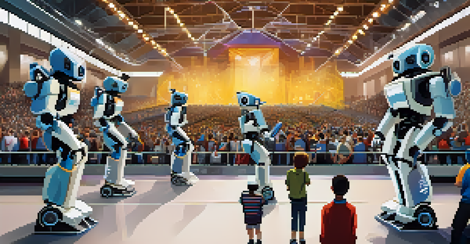 A robotics competition with students presenting their robots on stage, surrounded by an enthusiastic audience and colorful banners.