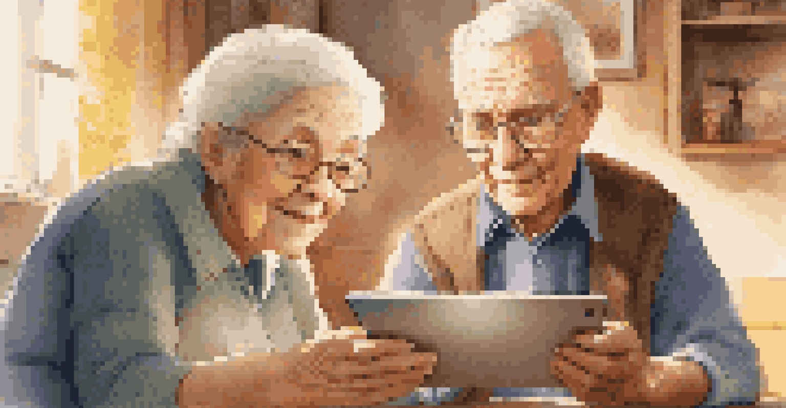 A senior citizen attentively using a tablet with the help of a young volunteer, highlighting intergenerational support in digital literacy.