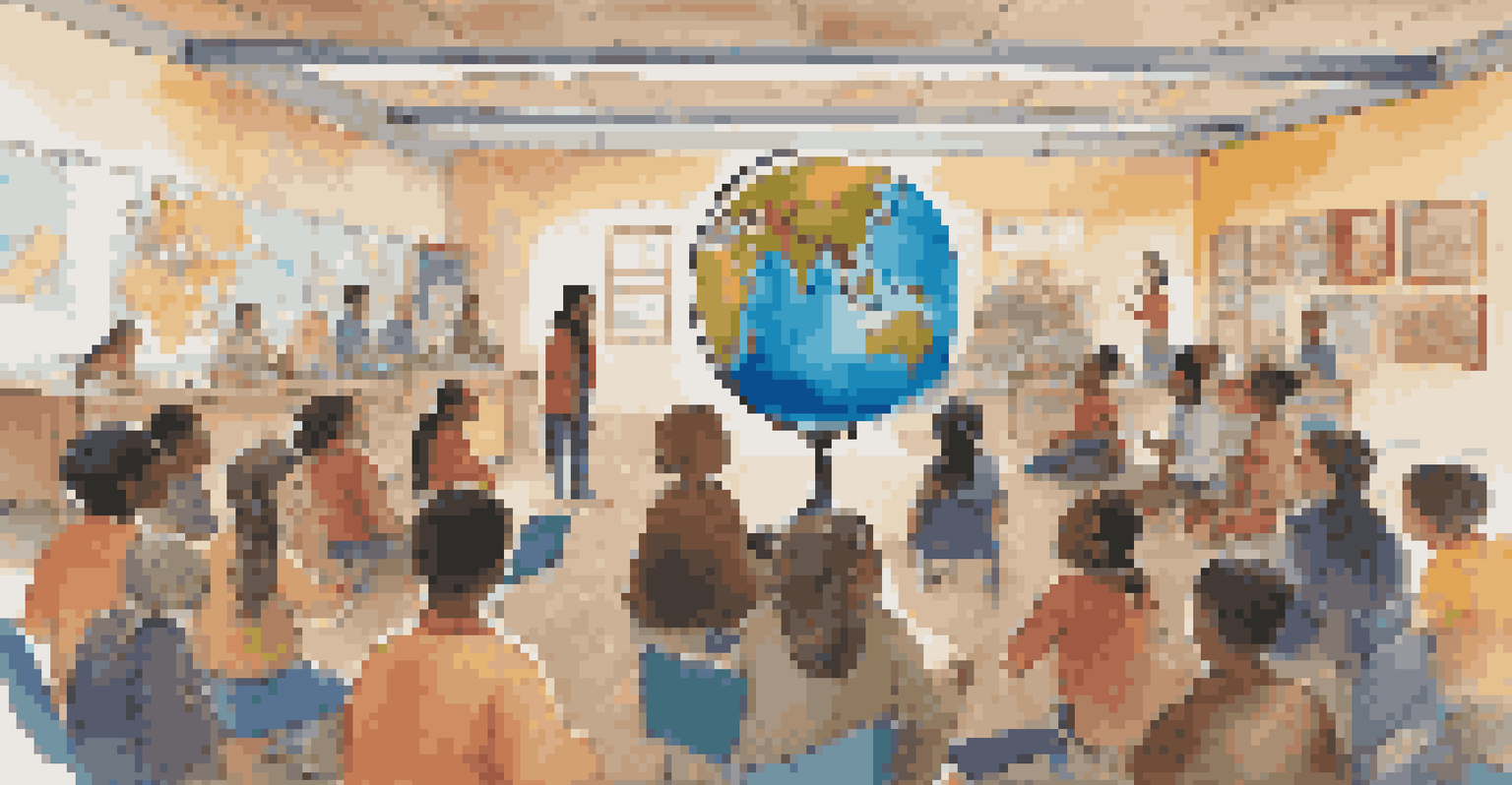 A diverse group of students in a classroom discussing global issues, with a globe and cultural posters in the background.