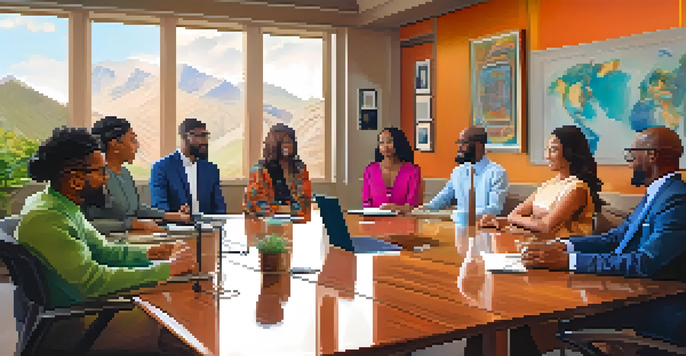 A diverse group of individuals in a virtual meeting, displaying various cultural backgrounds and unique attire.
