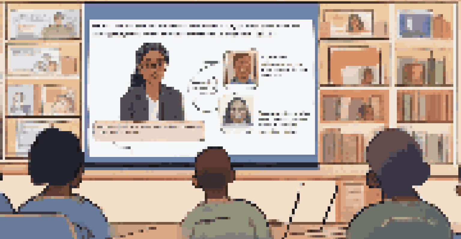 An educator conducting an online ethics discussion with students on a video call, surrounded by educational books and a digital whiteboard.