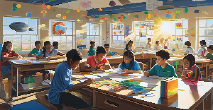 A diverse group of students working together on a science project in a colorful classroom filled with cultural posters.