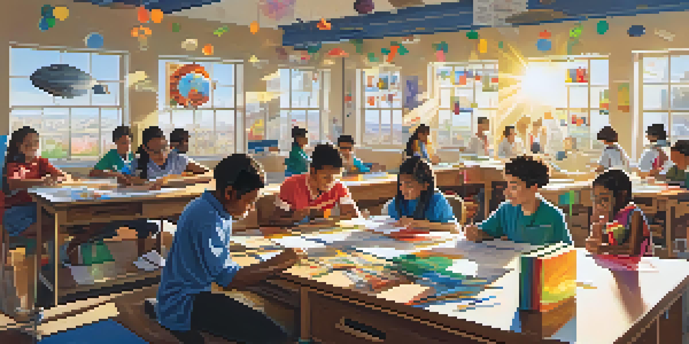 A diverse group of students working together on a science project in a colorful classroom filled with cultural posters.