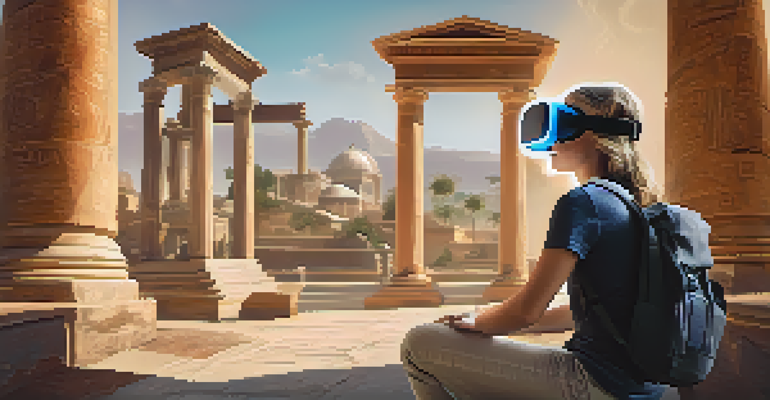 A student using virtual reality to explore a historical site, surrounded by ancient architecture and futuristic game elements, showing excitement.