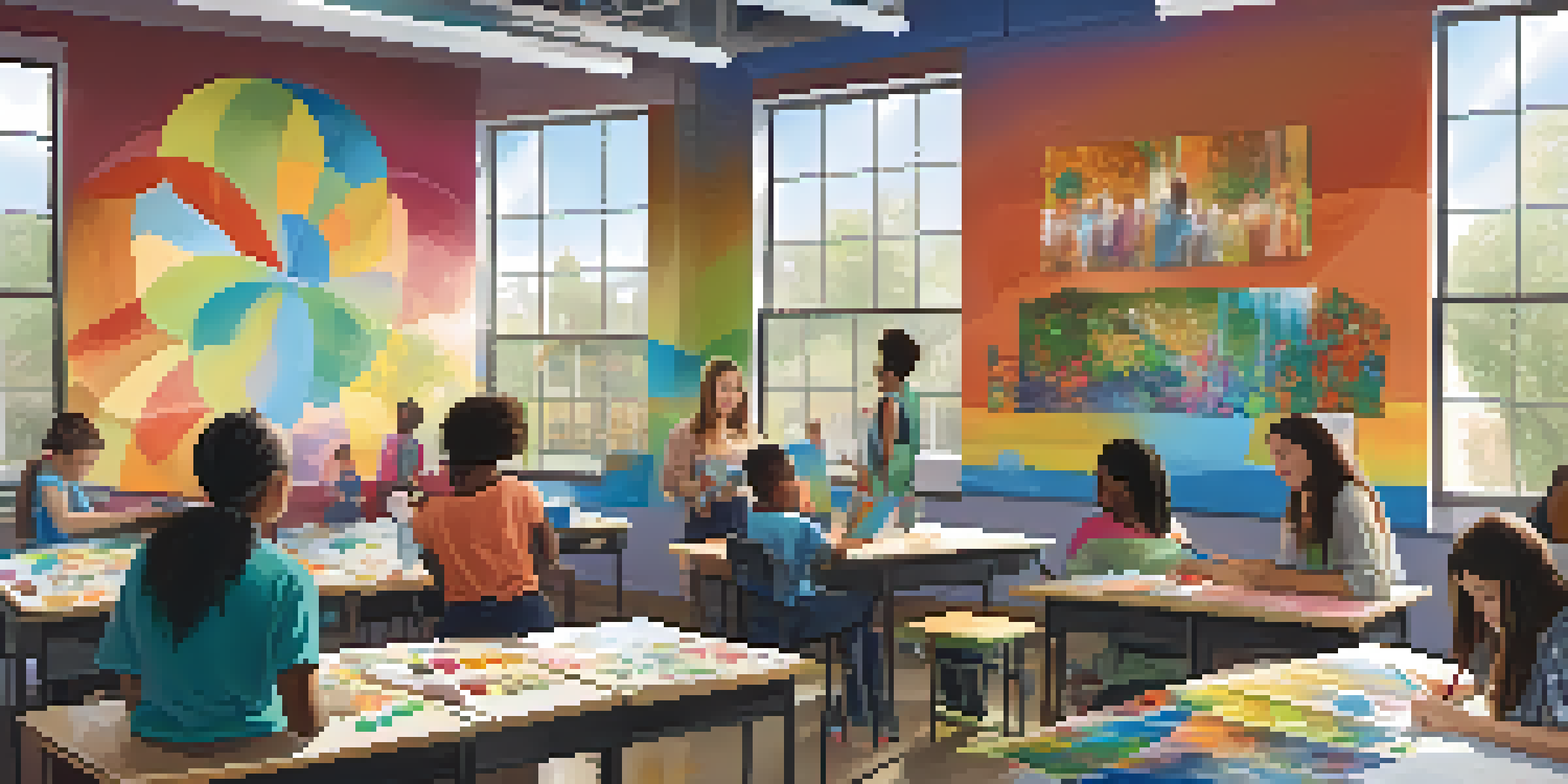A diverse group of students painting a mural in a bright classroom, with a teacher guiding them.