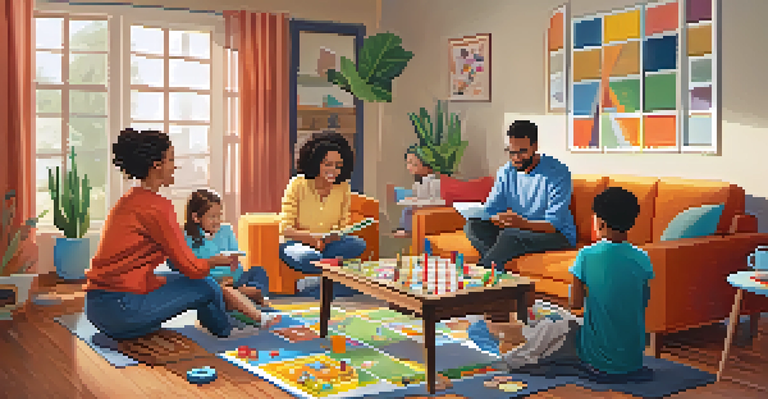 A family enjoying a gamified educational board game together in a cozy living room.