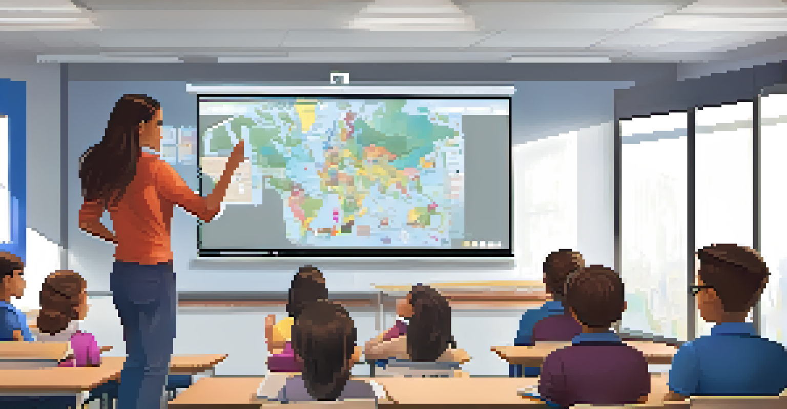 An adult educator teaching in a modern classroom with a digital whiteboard and engaged students.