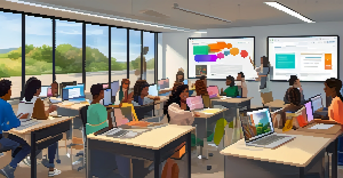 A diverse group of students actively participating in a webinar, with colorful slides visible on their screens and interactive elements like polls.