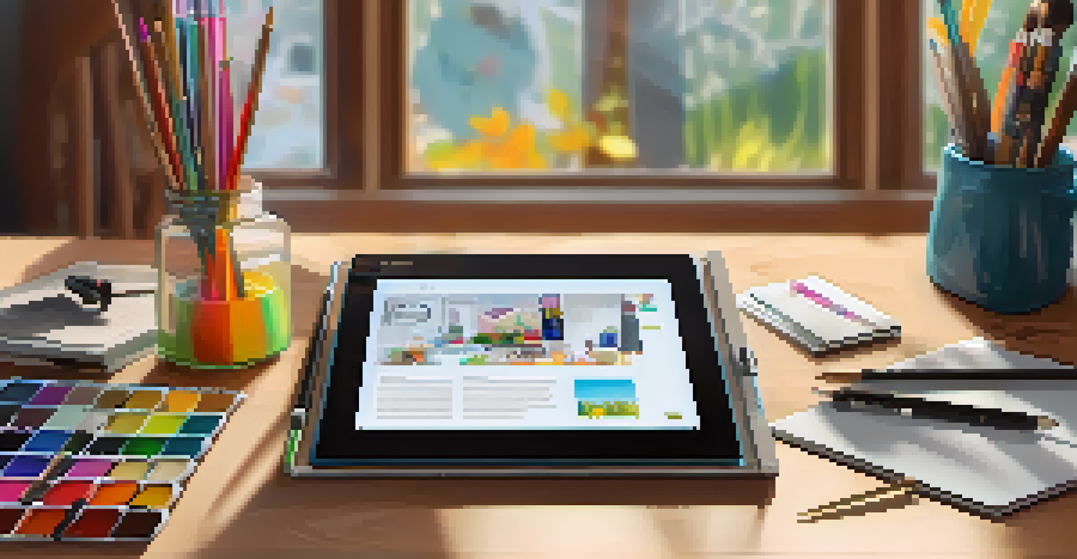 A creative workspace featuring a tablet showing a digital portfolio, surrounded by art supplies and a notebook, with warm lighting.
