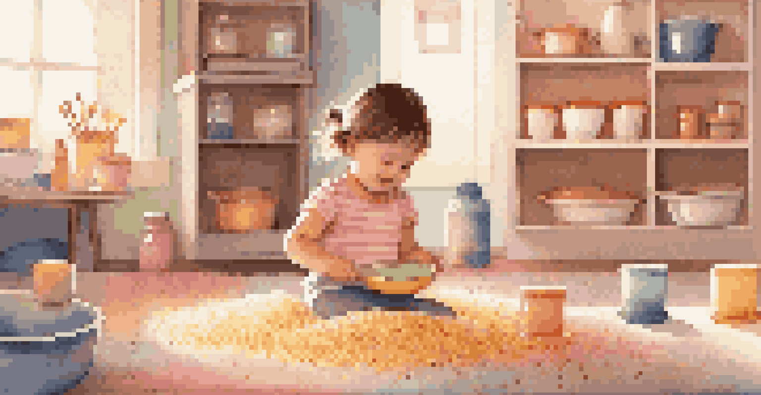 A cozy sensory play corner at home with colorful rice, scoops, and a child exploring textures, in a warm atmosphere.