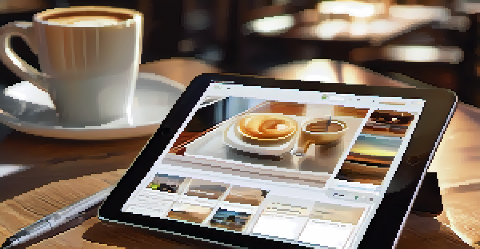 A close-up of an e-portfolio displayed on a tablet, with a coffee cup and notebook on a wooden table in a cozy café.