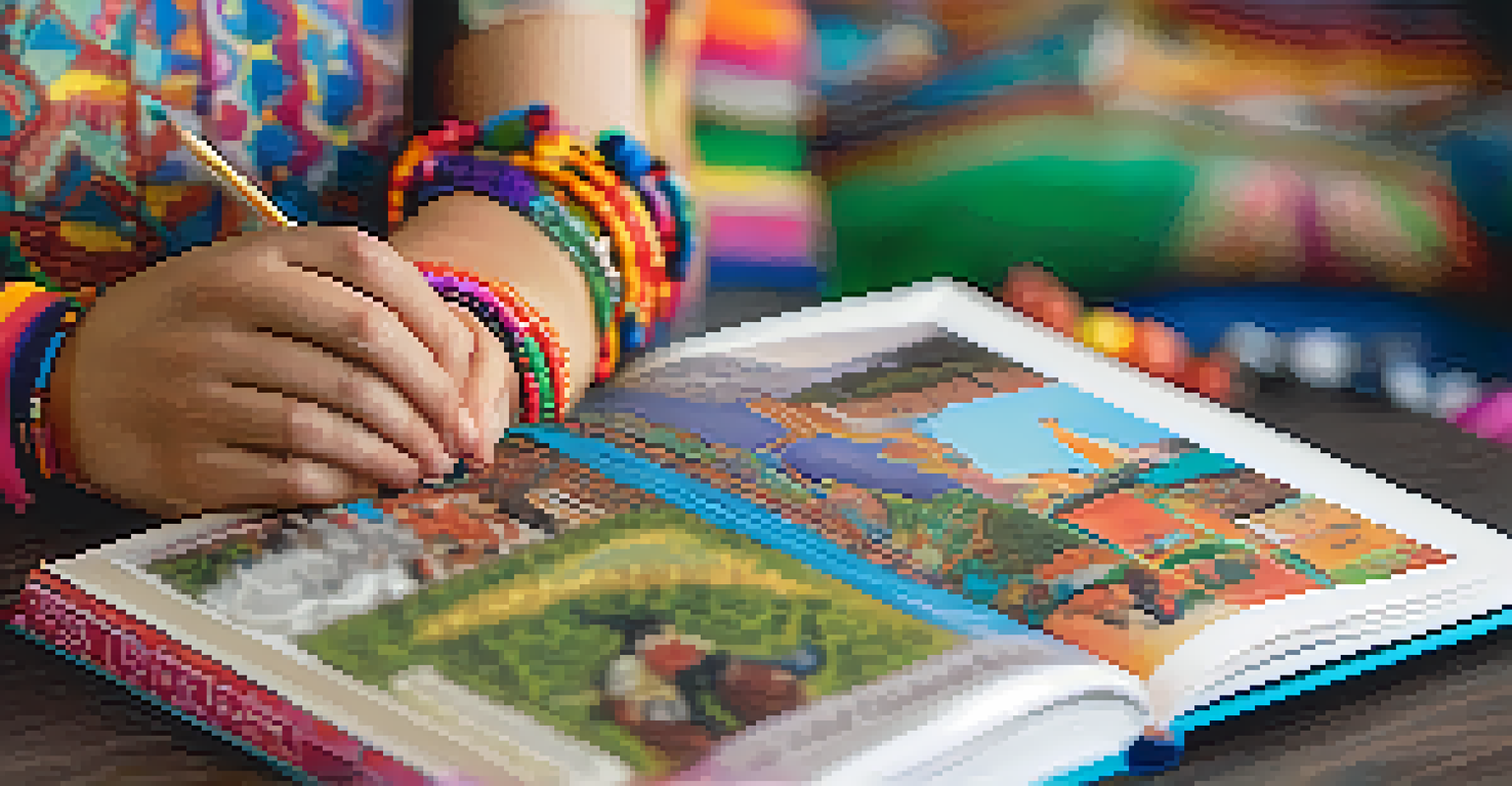 A close-up of a student holding an open book with vibrant illustrations from different cultures.