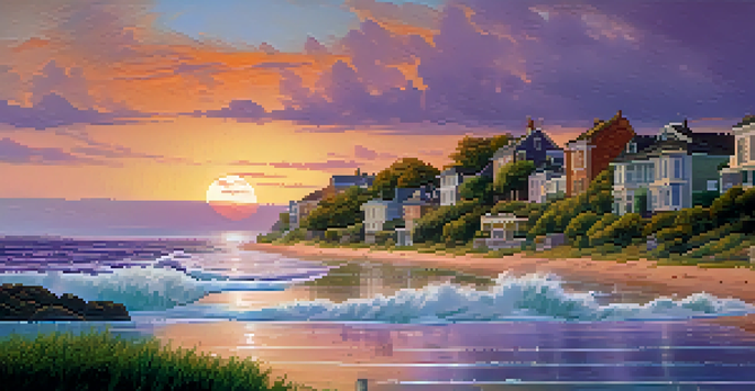 A coastal town affected by rising sea levels, with water lapping at buildings and a vibrant sunset in the background.