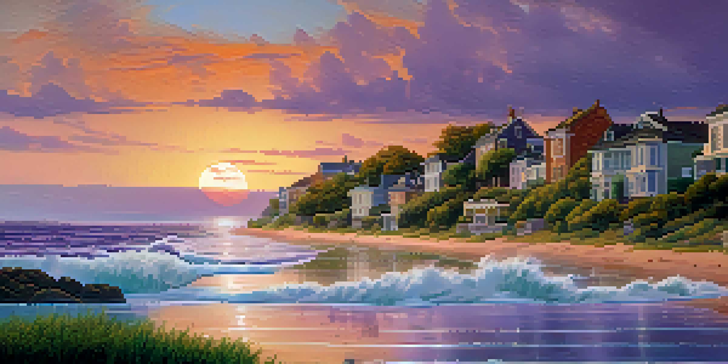 A coastal town affected by rising sea levels, with water lapping at buildings and a vibrant sunset in the background.