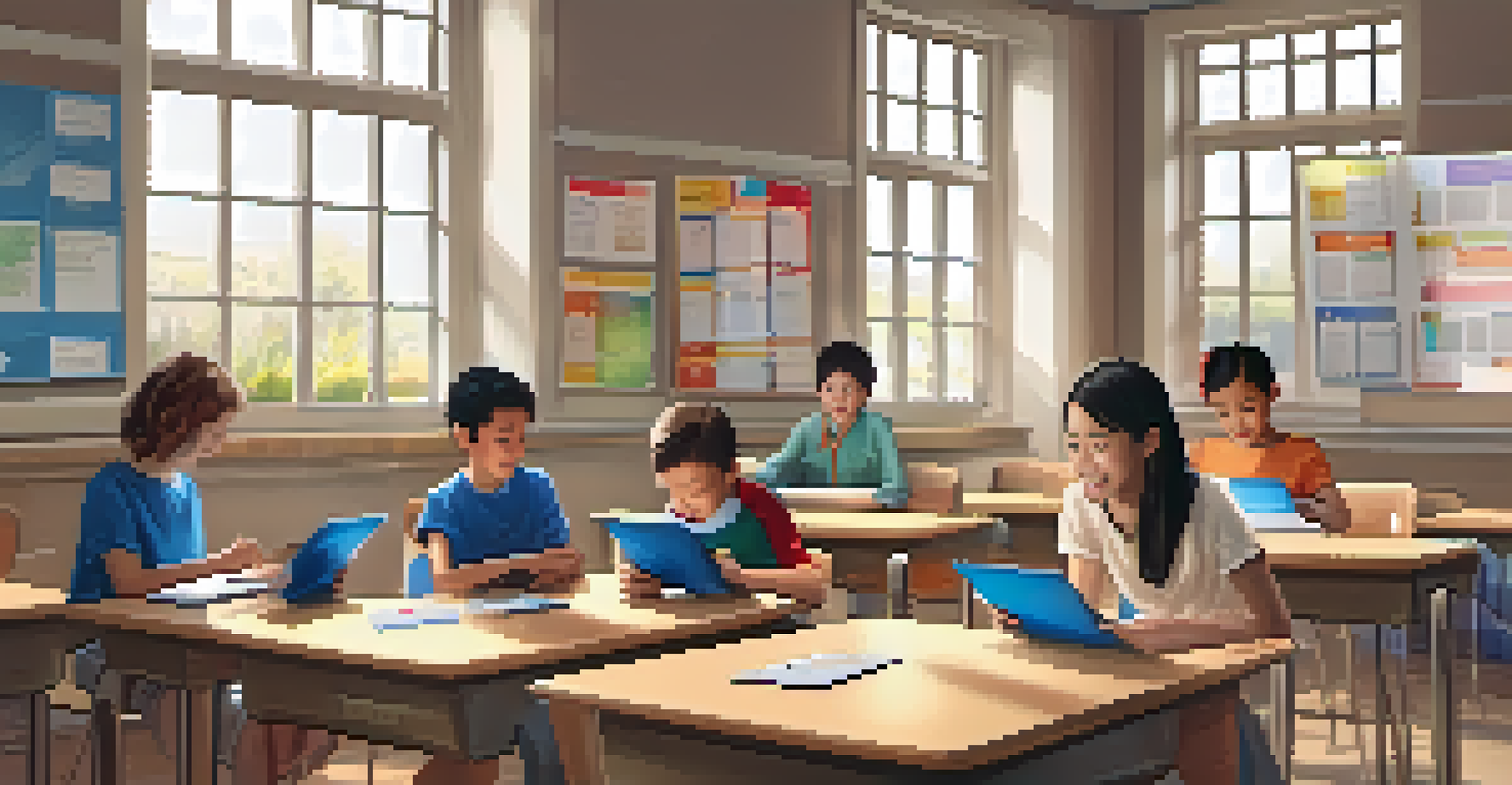 Students in a classroom using tablets with animated AR flashcards for language learning.