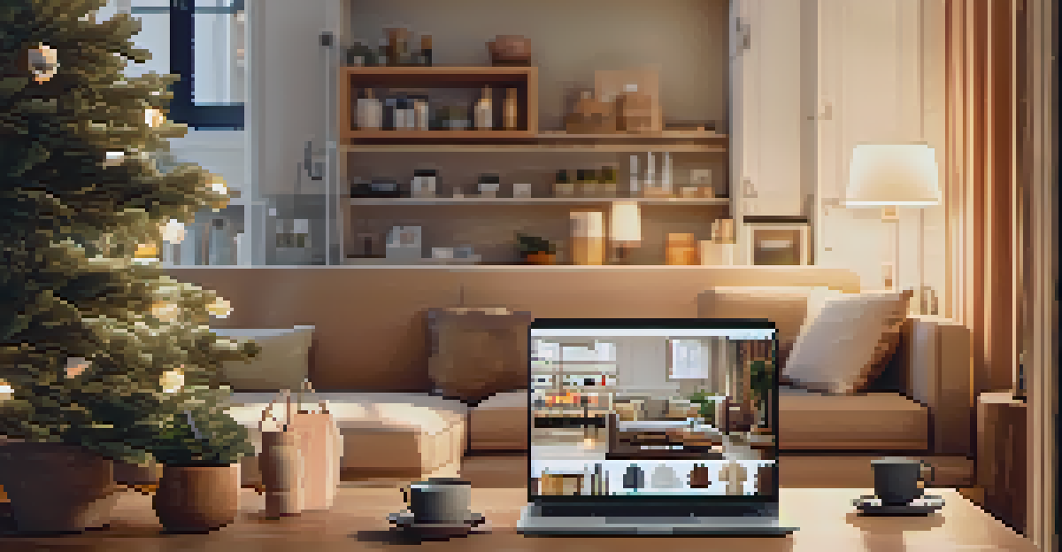 A cozy room where a person is using a laptop to shop online, showcasing product recommendations on the screen in warm lighting.
