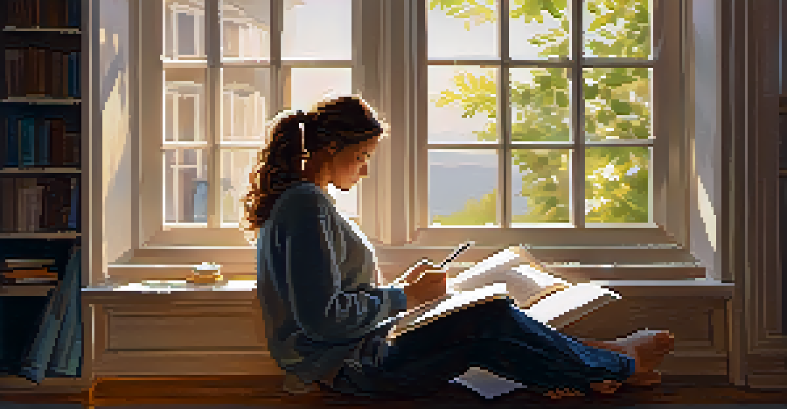 A person writing in a journal and reflecting on their learning journey in a cozy nook filled with soft sunlight.
