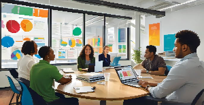A diverse group of employees collaborating in a modern office, surrounded by large windows and motivational posters.