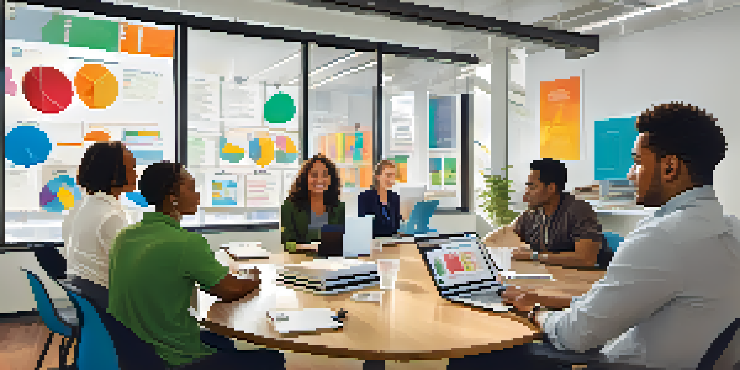 A diverse group of employees collaborating in a modern office, surrounded by large windows and motivational posters.