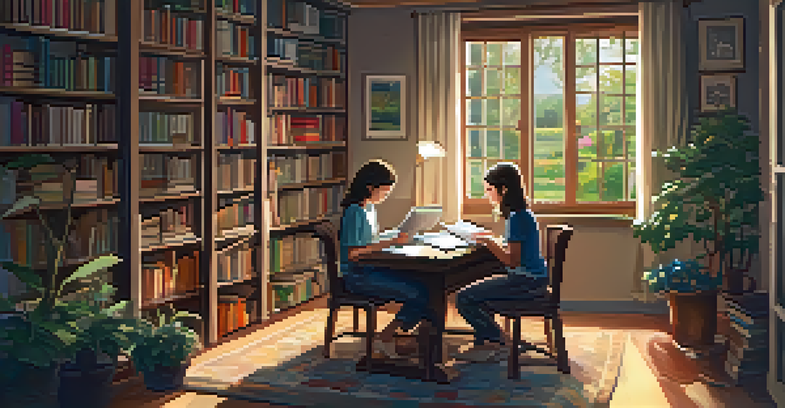 A student studying at home with a tablet and books in a cozy, well-lit room.