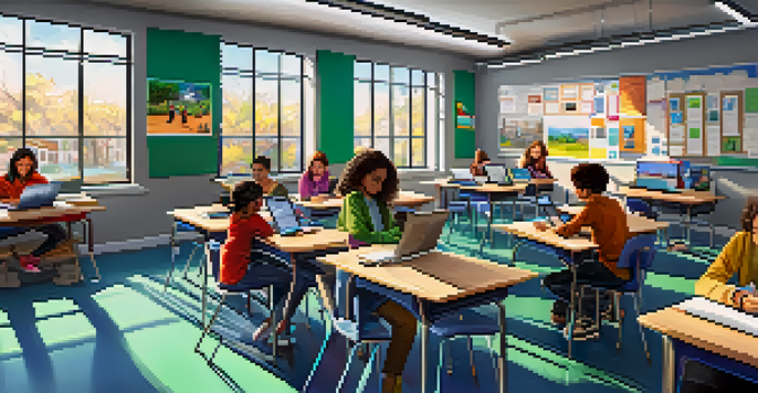 A vibrant classroom with students using laptops and tablets, a teacher assisting a student, and bright educational posters on the walls.