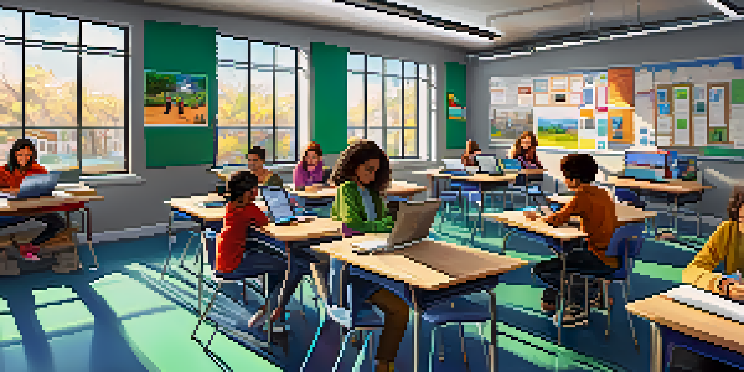 A vibrant classroom with students using laptops and tablets, a teacher assisting a student, and bright educational posters on the walls.