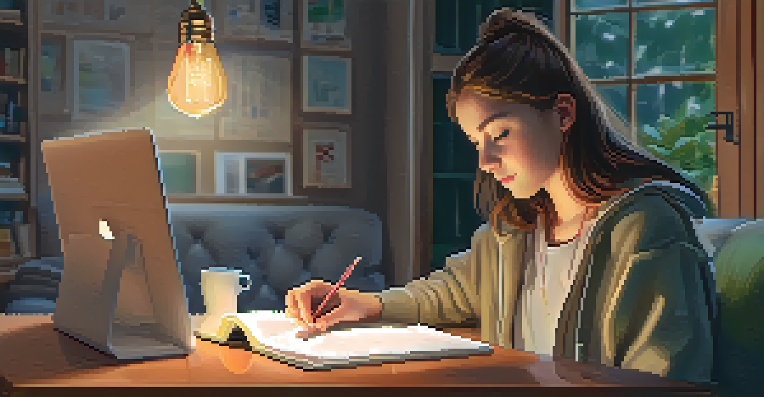 A student comfortably taking an online test on a tablet at home, surrounded by study materials, with a warm lamp illuminating the scene.