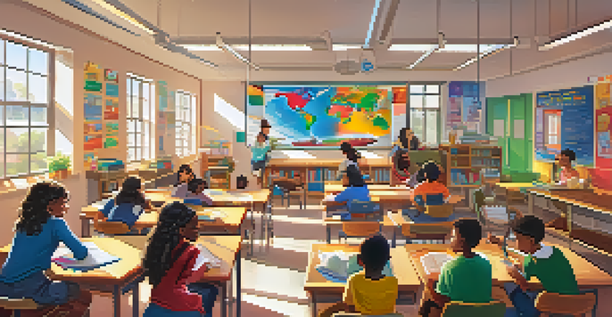 A bright classroom with diverse students engaged in learning, animated content on screens, colorful posters, and sunlight coming through windows.