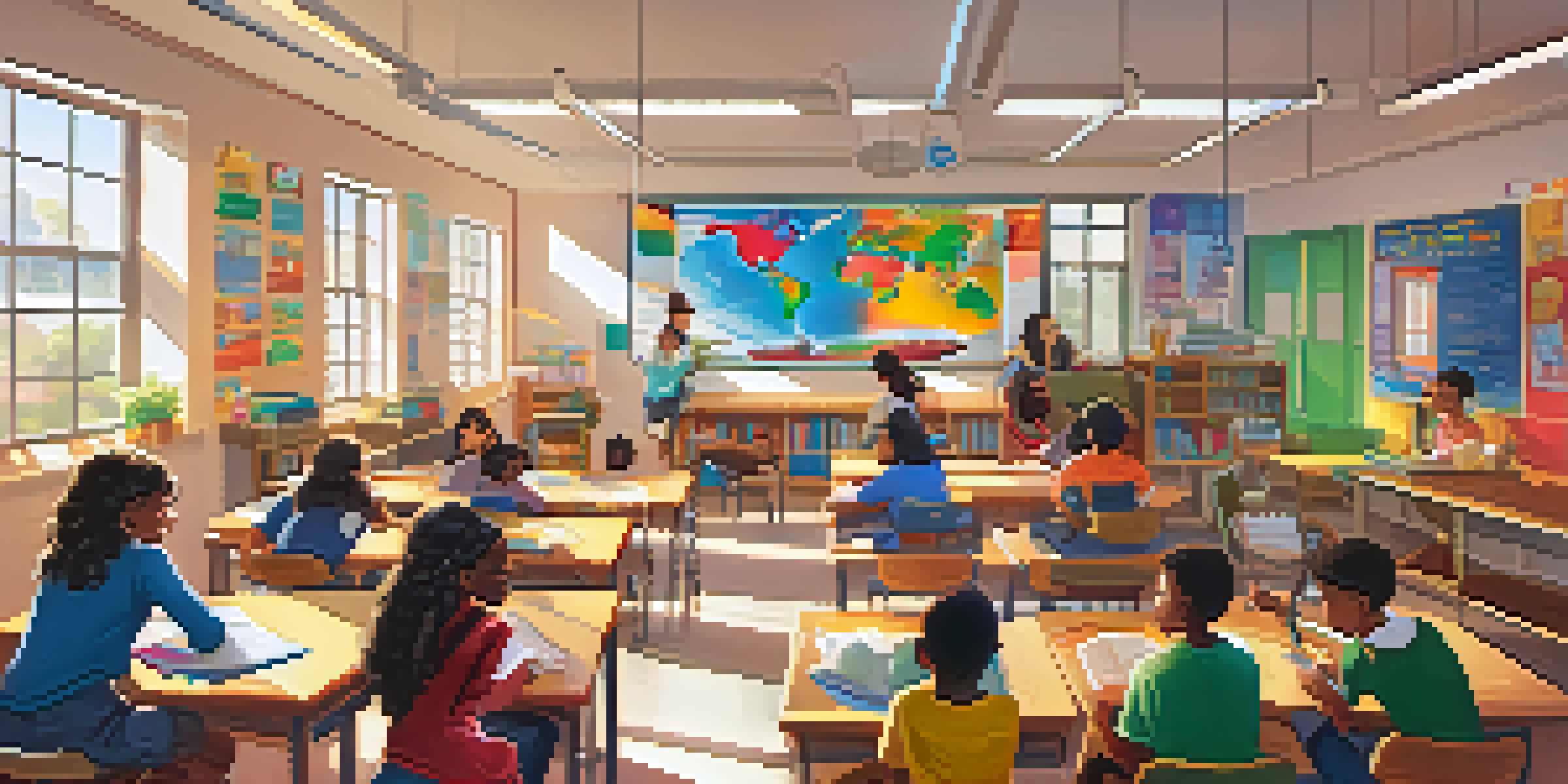 A bright classroom with diverse students engaged in learning, animated content on screens, colorful posters, and sunlight coming through windows.